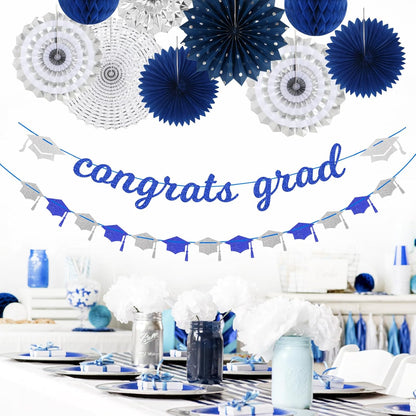 Navy-Blue White Silver Tissue Pom-Poms - 15pcs 5 Size Party Decorations Paper Flowers,Graduation Wedding Baby Bridal Shower Room Hanging Decorations Boy Birthday Party Backdrop Decor Panduola