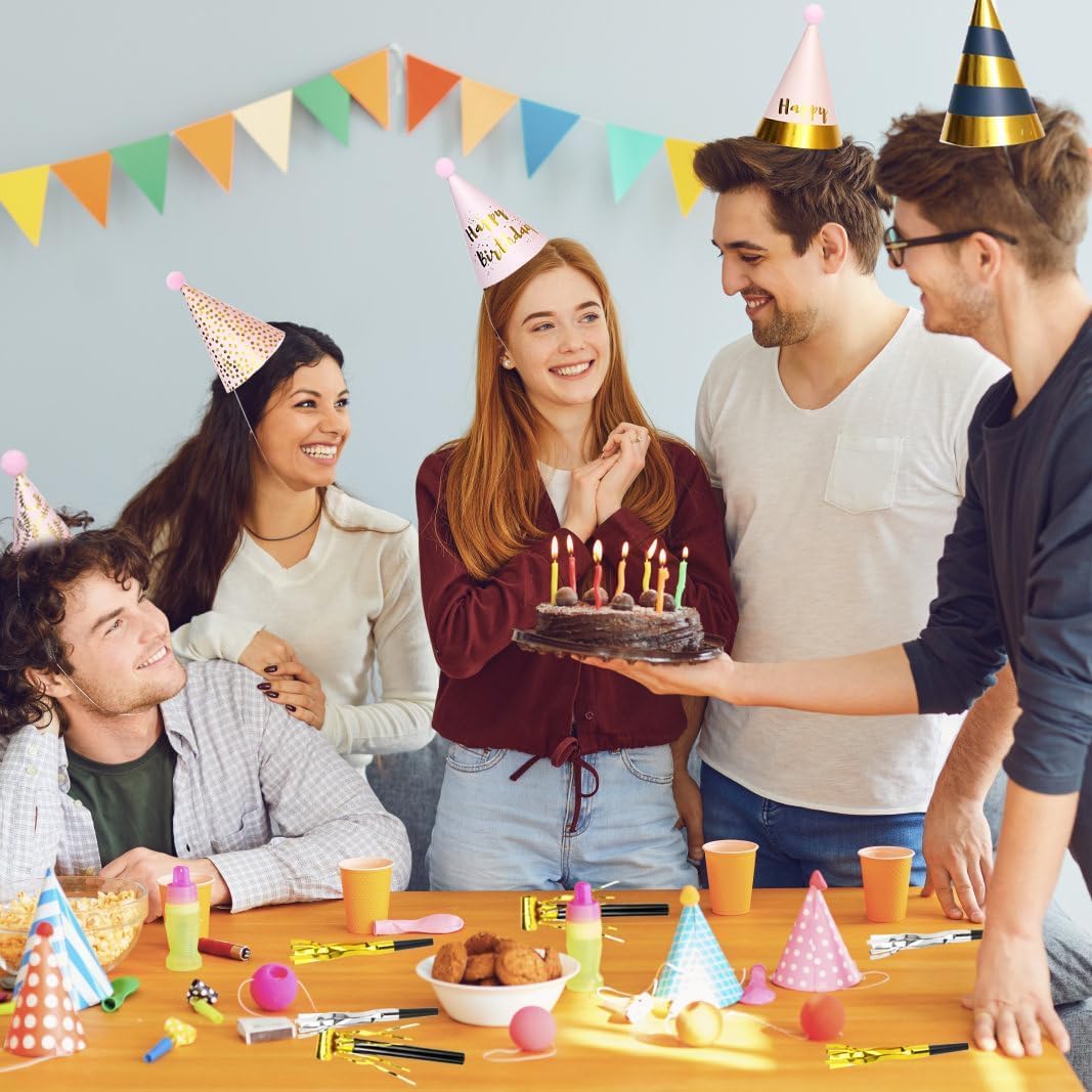 JOYEONDEF 30 Pcs Gold Birthday Party Hats Cone Hats Includes 8 Birthday Paper Hats and 22 Noise Makers