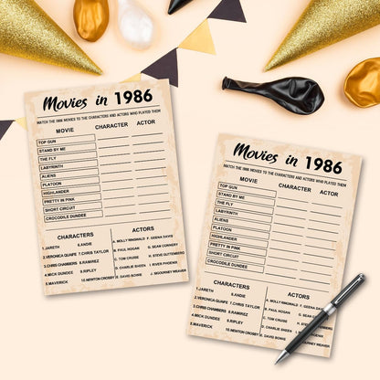 QUPT 40th Birthday Party Games, Movies in 1986 Games, Birthday Party Supplies for Adults, Fun 1986s Party Game，Pack of 30 Cards