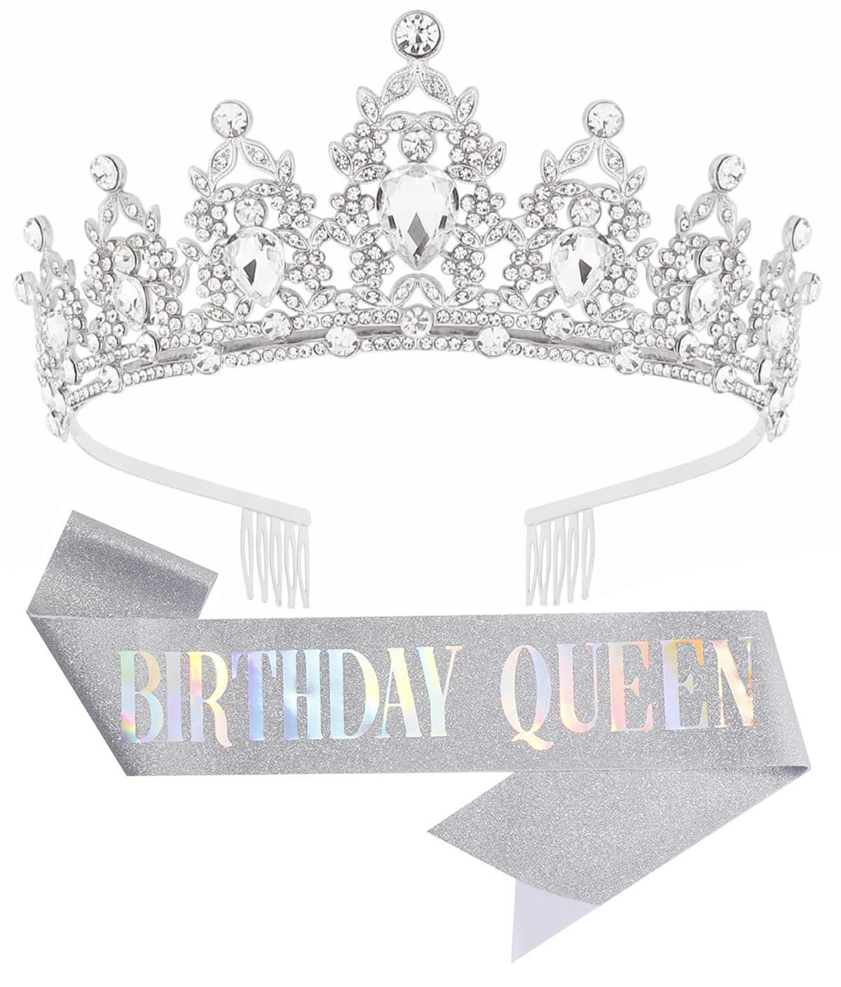 Birthday Tiara Crown with Sash for Women, Headband Hair Accessories for Wedding Party Costume