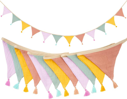 G2PLUS Cotton Fabric Bunting Banner, 9Ft Green Triangle Pennant Banner Flag, 12pcs Double-Sided Bunting Garland with Tassels for Birthday, Nursery, Baby Shower, Classroom Hanging Decor
