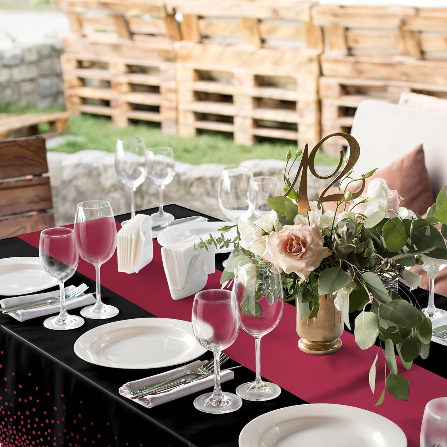 MASHAN 3Pcs Black and Red Tablecloth Party Decorations,Plastic Black Table Cloth Printed Red Table Runner Disposable Rectangle Cover for Birthday Weeding Anniversary Graduation Party,54 x108 Inch
