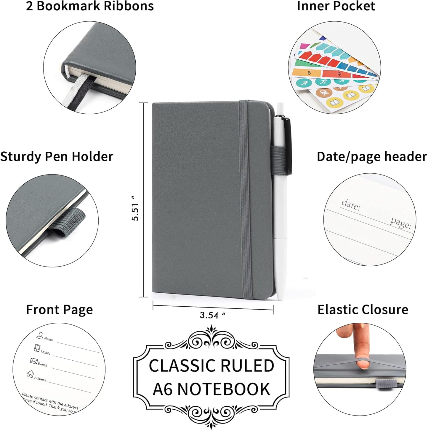 feela 6 Pack Pocket Small Notebooks Bulk, Mini Cute Memo Notepads Hardcover College Ruled Lined Journals with Pen Holder for Women Girls Office School, with 6 Black Pens, 3.5”x 5.5”, A6, Rose Pink