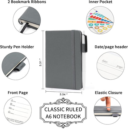 feela 6 Pack Pocket Small Notebooks Bulk, Mini Cute Memo Notepads Hardcover College Ruled Lined Journals with Pen Holder for Women Girls Office School, with 6 Black Pens, 3.5”x 5.5”, A6, Rose Pink