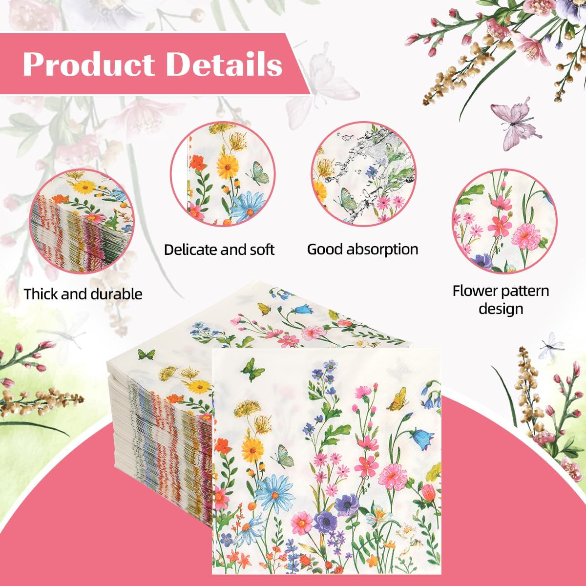 100Pcs Disposable Floral Paper Napkins Decorative Bathroom Napkins Guest Disposable Wild Flower Hand Towels Dinner Party Napkins for Wedding Birthday Party Baby Shower