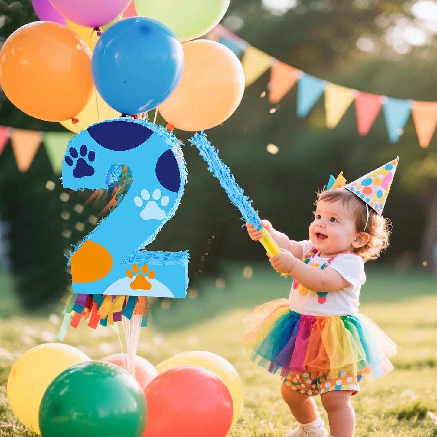 16 Inch Number 2 Dog Paw Pinata with 16 Inch Piñata Stick Blindfold Confetti for Boy Girl Kids 2nd Birthday Party Decorations (2nd)