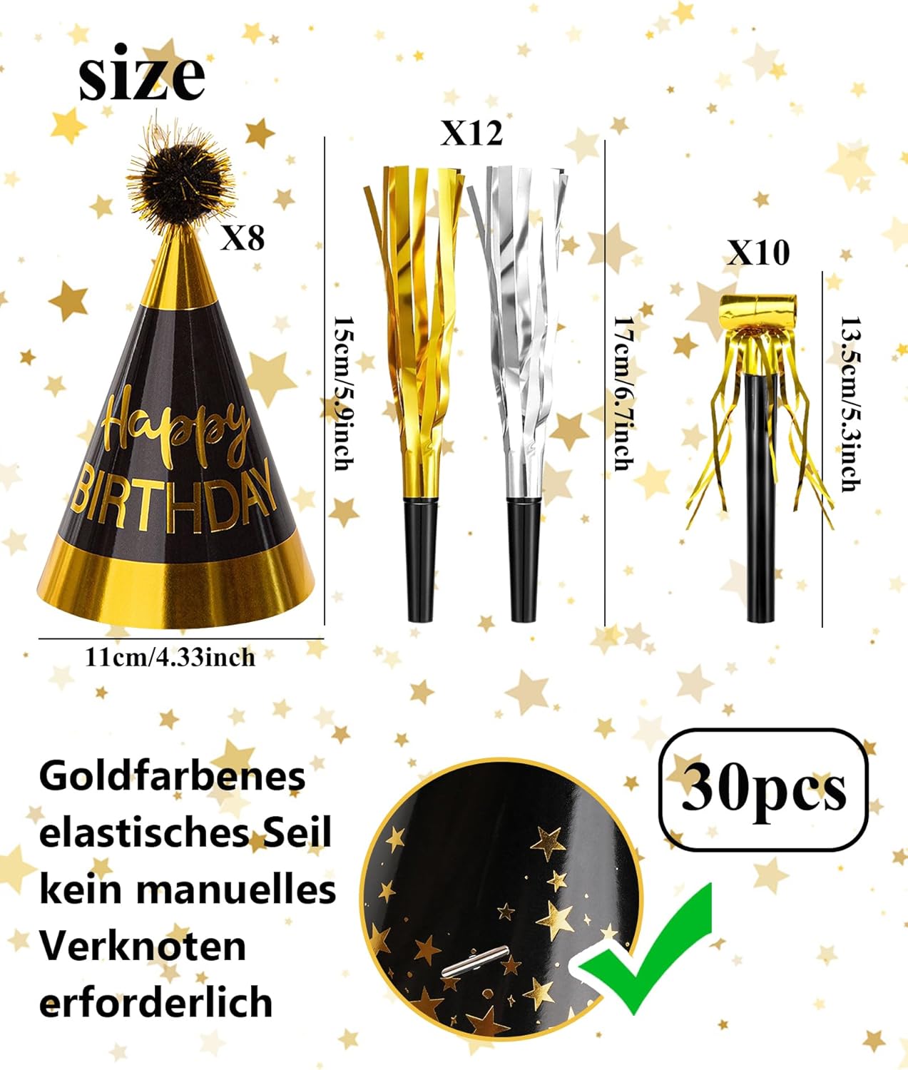JOYEONDEF 30 Pcs Gold Birthday Party Hats Cone Hats Includes 8 Birthday Paper Hats and 22 Noise Makers