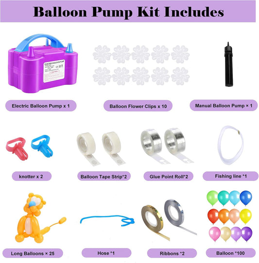 QIPUMP Balloon Pump,Dual Nozzles Electric Balloon Pump with 100 Balloons, Balloon Inflator Air Pump Balloon Blower with Tying Tool, Colored Ribbons for Party Birthday Wedding Festival Decoration