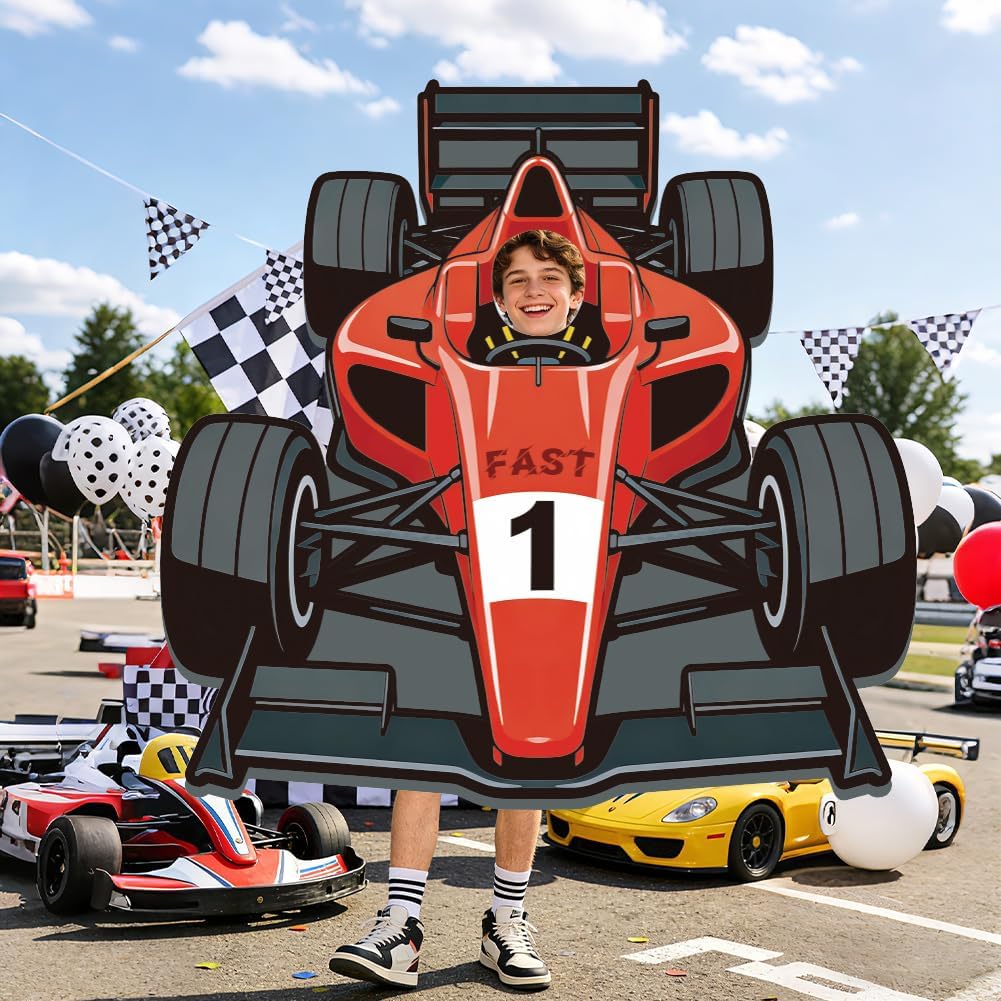 WADORN Race Car Photo Prop Selfie Frame Banner, 5x5.2 Ft Large Racing Theme Party Decorations Backdrop Red Fast 1 Car Photography Background Hanging Supplies for Men Home Racing Birthday Party