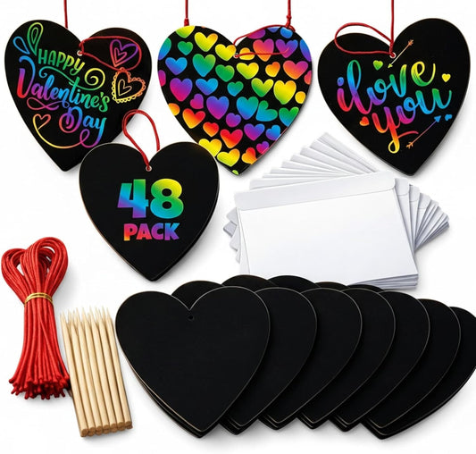 ArtCreativity 48 Pack Scratch Off Valentine Cards for Kids Classroom, Set of 48 Valentine Cards Ink-Free Scratch Off Hearts with Sticks, Red String, and Envelopes, Valentines Crafts