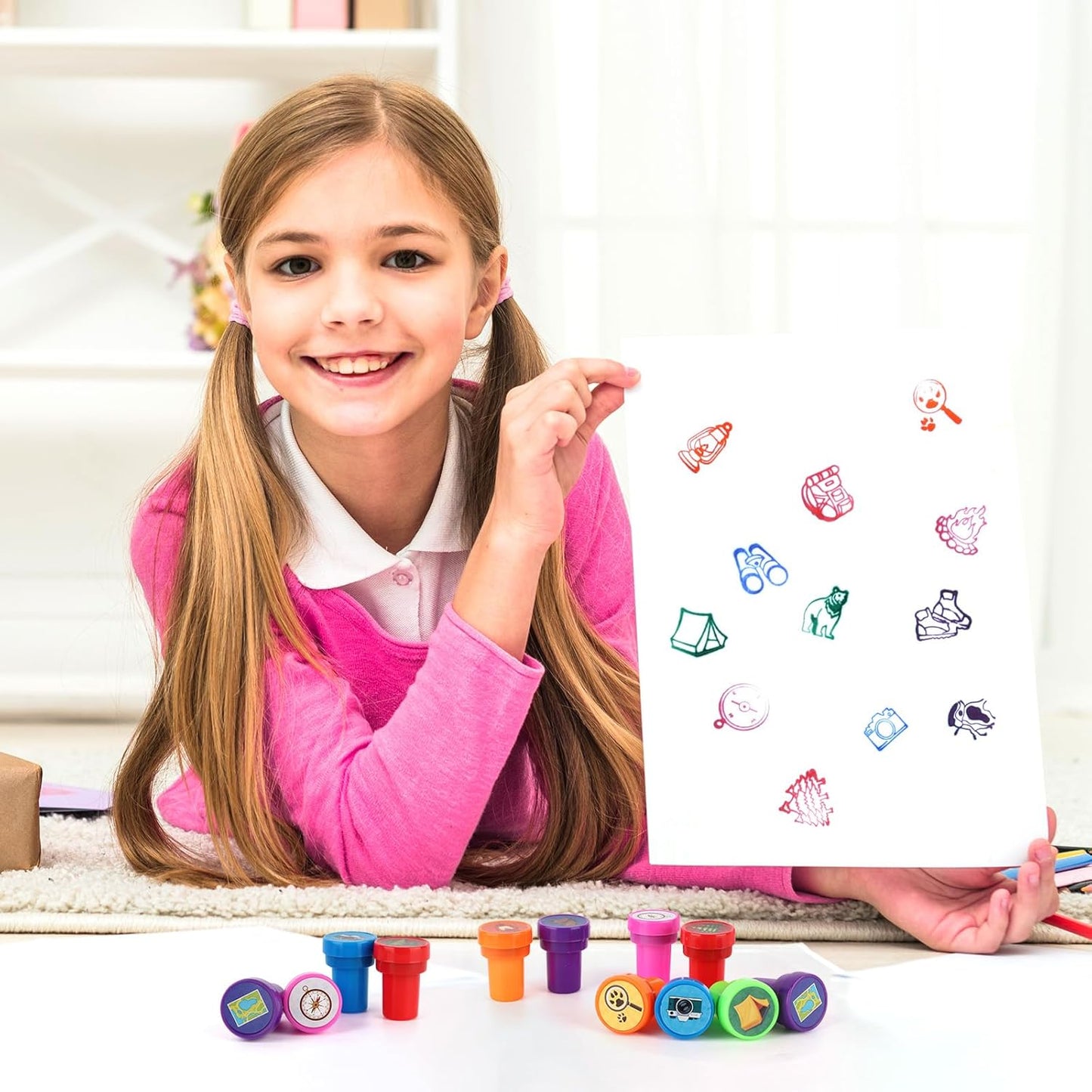 24 PCS Camp Party Favors Camping Adventure Mini Stamps Colorful Self Inking Stamps Camping Themed Party Favors for Boys Girls Student School Classroom Rewards Carnival Prizes Supplies