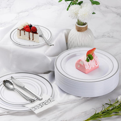 Goodluck 350 Pieces Gold Dinnerware Set for 50 Guests, Plastic Plates Disposable for Party, Include: 50 Gold Rim Dinner Plates, 50 Dessert Plates, 50 Paper Napkins, 50 Cups, 50 Gold Silverware Set