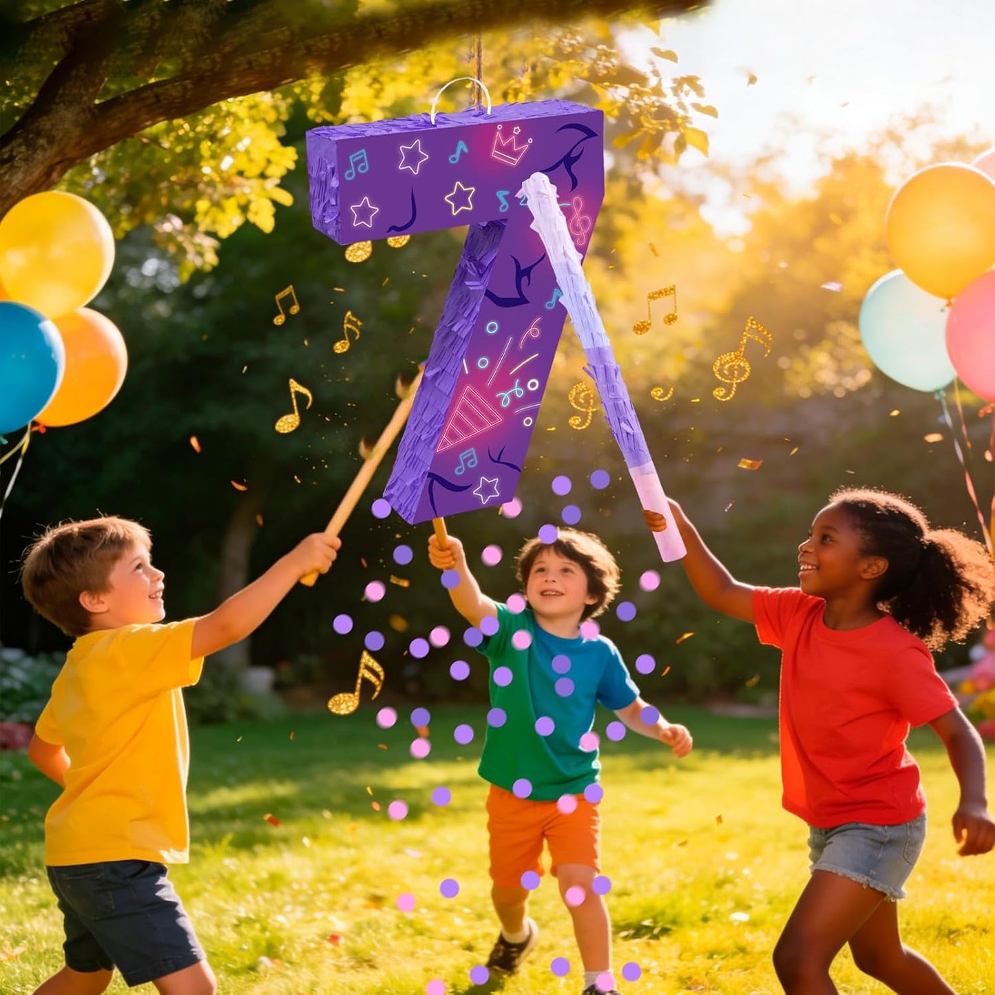Musical Note Birthday Decorations, 15.7 x 11.5 x 3 Inch Purple Musical Note Number 7 Pinata with 16 Inch Piñata Stick Blindfold Confetti for 7th Music Theme Birthday Party Supplie