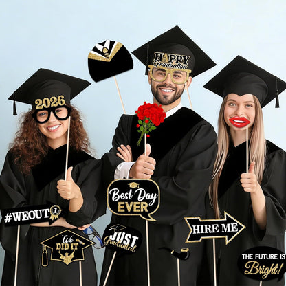 46Pcs Blue Gold Graduation Photo Booth Props 2026 Graduation Decorations with Sticks Class of 2026 Grad Party Favors Supplies for High School & College