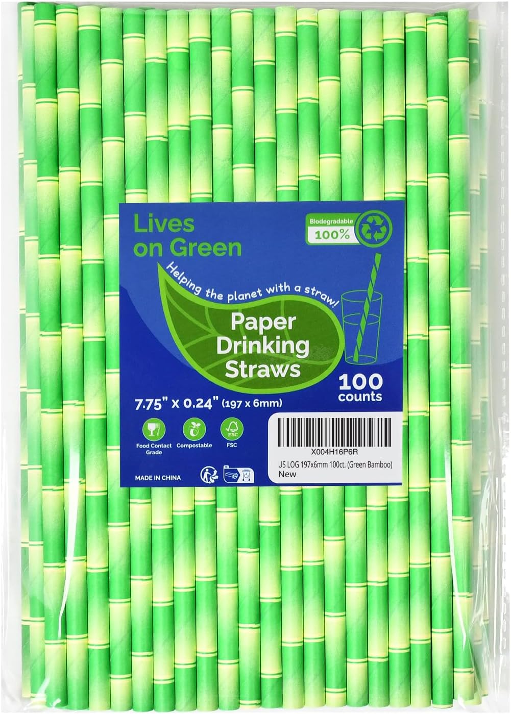 Disposable Paper Straws Solid Green - 7.75'' x 0.24'', 100 Counts - for Drinking, Beverage, Juice, Soda, Bar Supplies