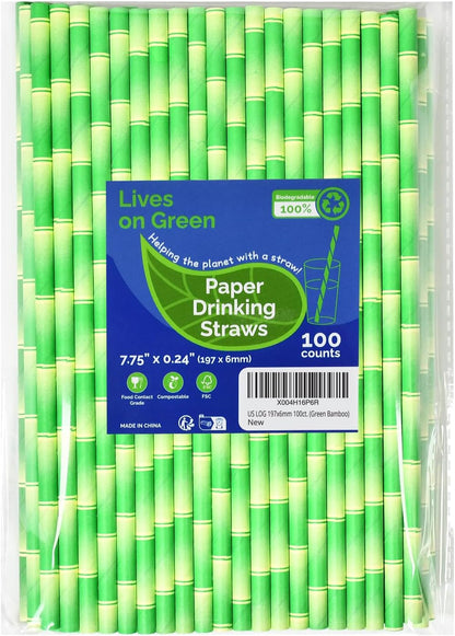 Disposable Paper Straws Solid Green - 7.75'' x 0.24'', 100 Counts - for Drinking, Beverage, Juice, Soda, Bar Supplies