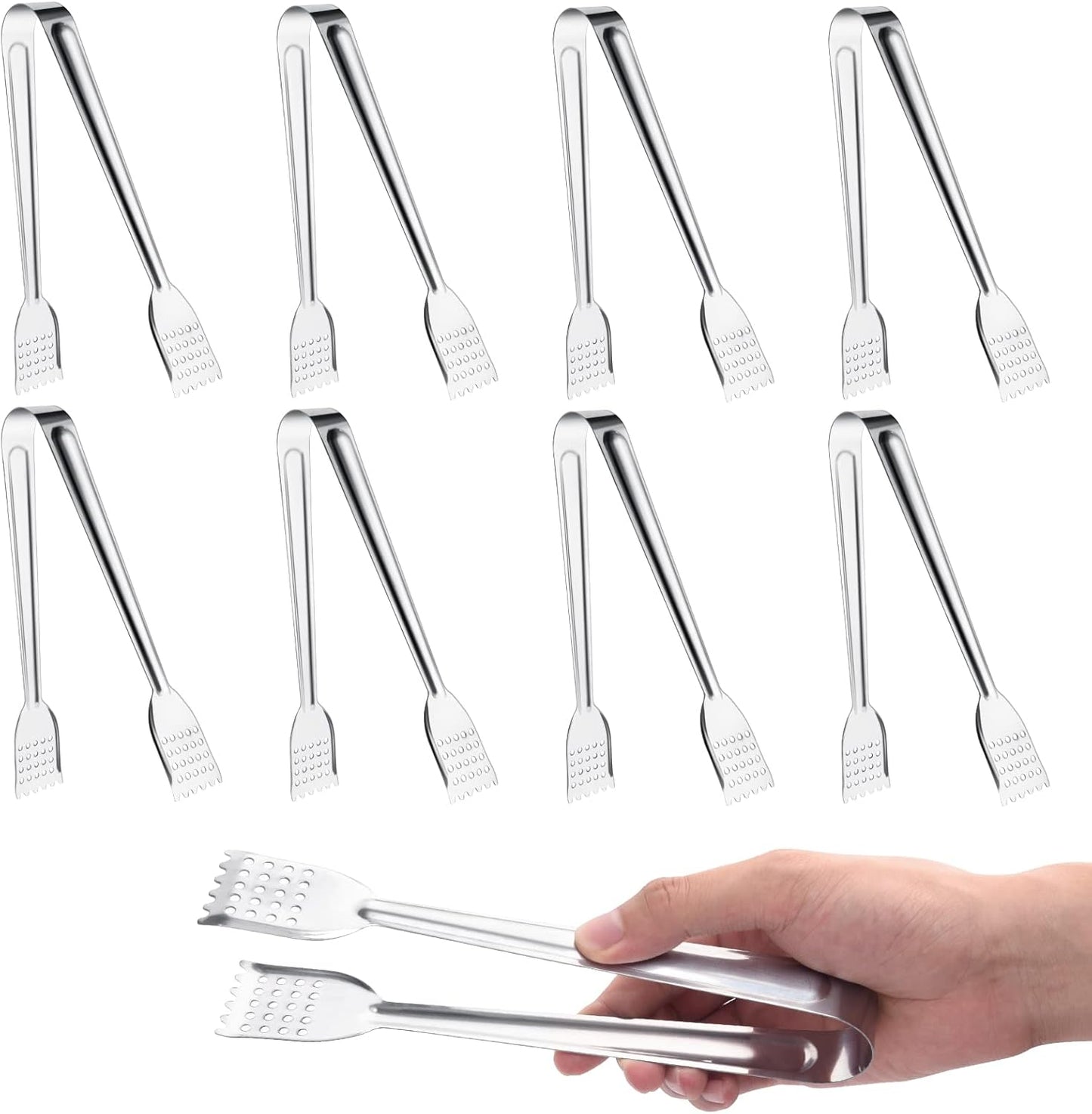 8 Pack 7-Inch Stainless Steel Serving Tongs, Mini Buffet Tongs for Appetizers, Desserts, Salad Bar, Ice, Sugar and Candy