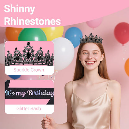 Birthday Tiara and Crown with Sash, Birthday Tiara for Women Party Silver