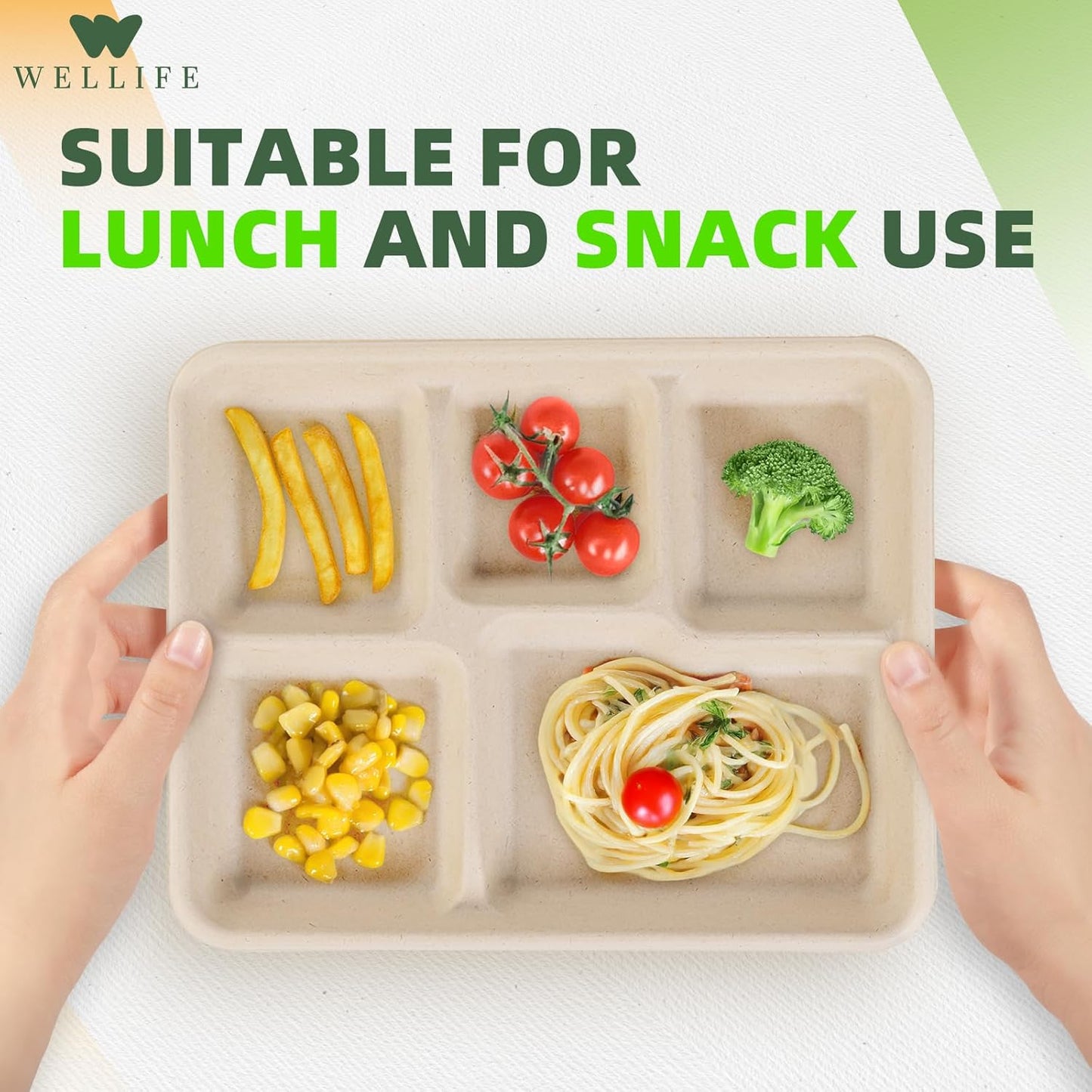 WELLIFE 100% Compostable 5 Compartment Paper Plates, 100 Pack Disposable School Lunch Trays Divided Plates for Adult Youth, 12.5 * 8.6 inch Heavy Duty Eco-Friendly Bagasse Plate for Buffet and Party