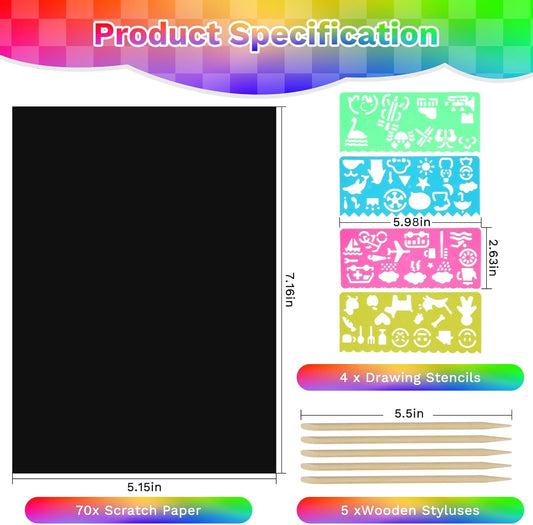 CMTOOP 70 PCS Mess Free Rainbow Scratch Paper Art for Kids - Fun Animal Shapes Travel Activity Craft Kit - Magic Scratch Boards for Goodie Bag Stuffers Birthday Party Favors Classroom Prizes