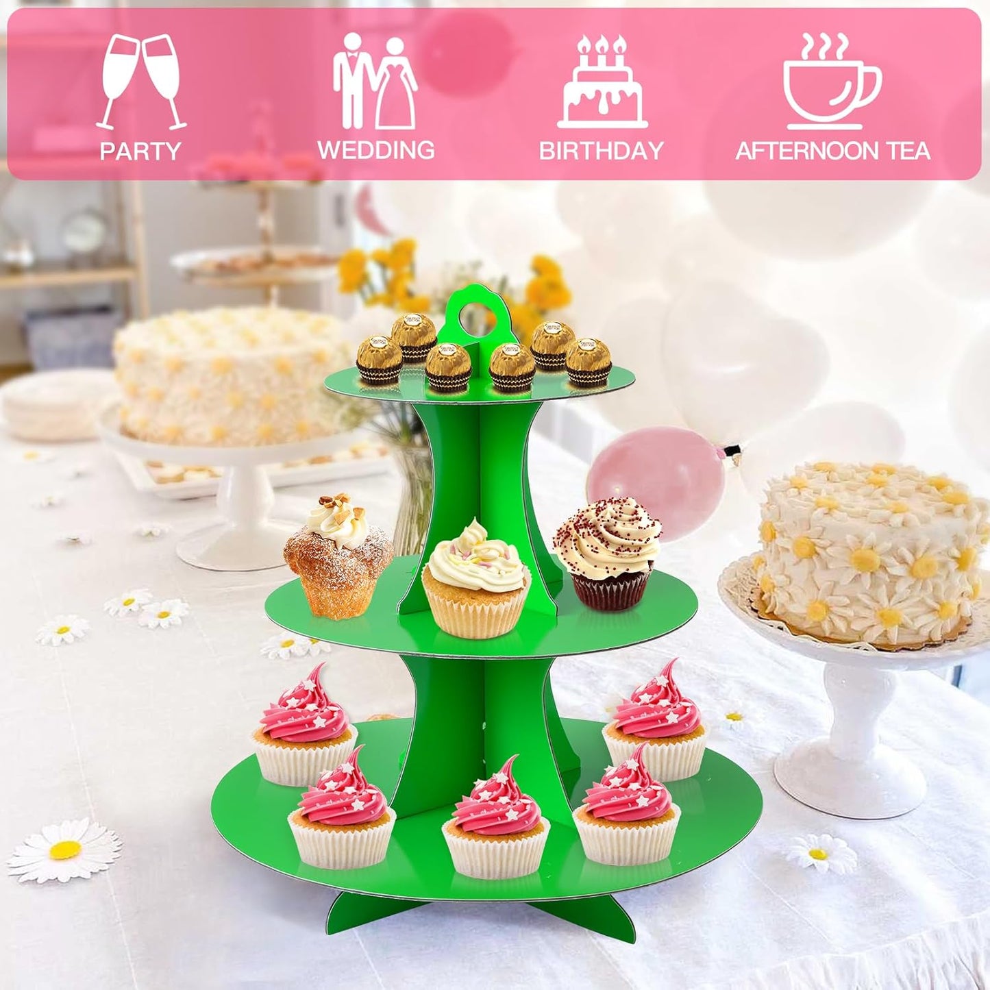 Soleebee 3-Tier Round Cupcake Stand, Cardboard Cupcake Tower, Dessert Cup Cake Stand Tower for Birthday Wedding Party Decoration, Cupcake Tier Stand 1 Set (Hot Pink)