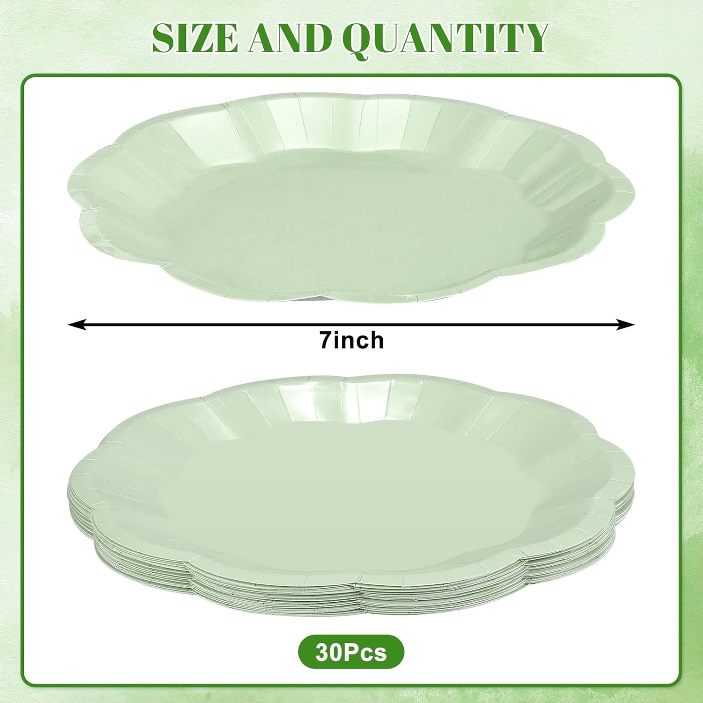 NatNarr 30 Pcs Sage Green Paper Plates, 7 Inch Scalloped Paper Plates Small Dessert Cake Plate Cute Party Plate Disposable Sage Greens Party Supplies for Wedding, Baby Bridal Shower, Birthday