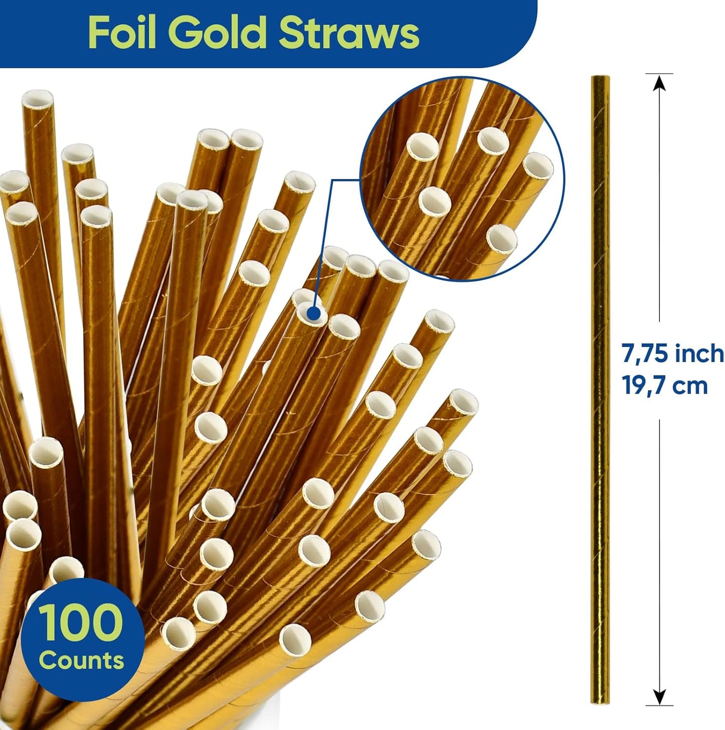 Disposable Paper Straws Solid Green - 7.75'' x 0.24'', 100 Counts - for Drinking, Beverage, Juice, Soda, Bar Supplies