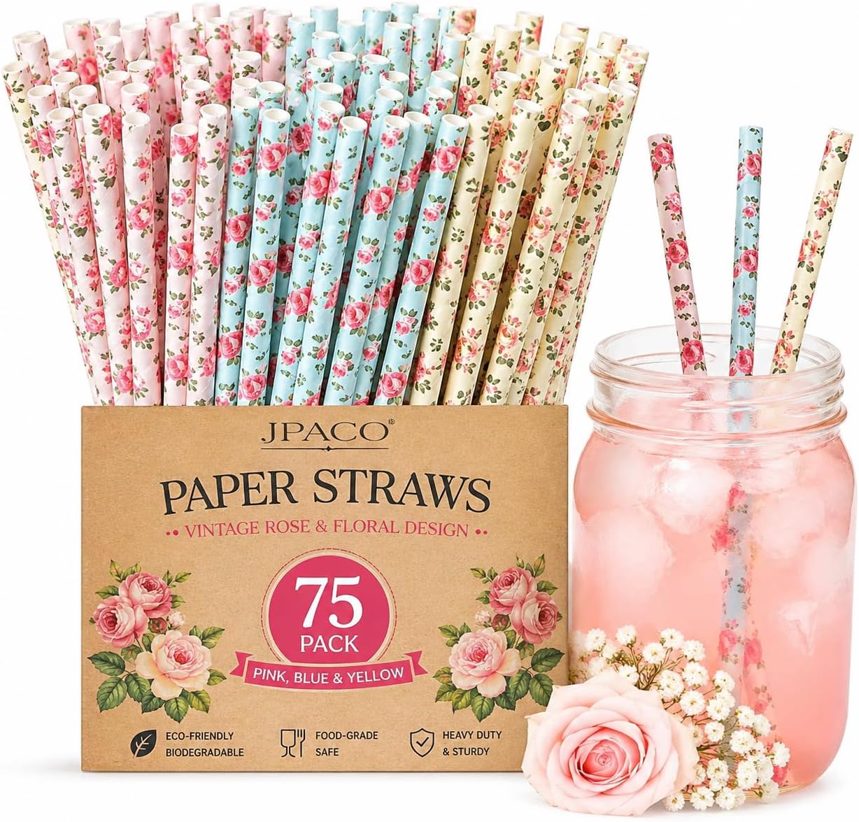 75-Pack Eco-Friendly Biodegradable Paper Straws - Vintage Rose & Floral Design in Pink, Blue, Yellow - Disposable Straws for Parties By JPACO