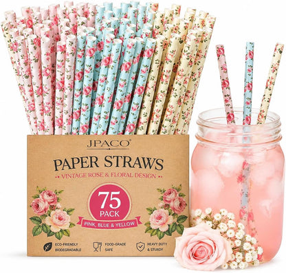 75-Pack Eco-Friendly Biodegradable Paper Straws - Vintage Rose & Floral Design in Pink, Blue, Yellow - Disposable Straws for Parties By JPACO