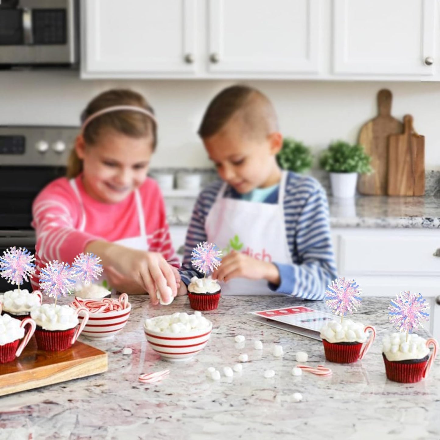 Ephlyn 30Pcs Foil Firework Cupcake Toppers Sparkle Tinsel Cupcake Picks Drink Stirrers Cocktail Food Fruit Toothpicks for Baby Shower Graduation Party Supplies White