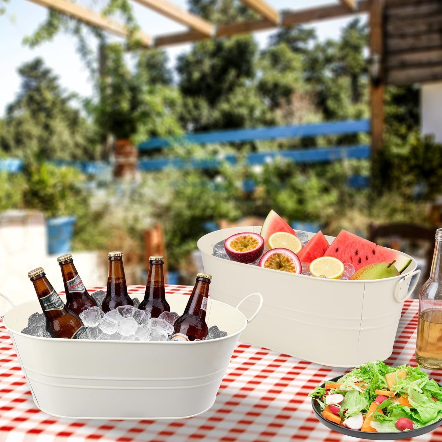 3 PCS 15.3 x 9 x 6 inches White Metal Galvanized Tub with Iron Handles, 3 Gallon Beverage Tubs for Parties, Large Ice Buckets for Beer, Wine, Cocktails & Outdoor Events