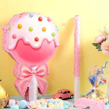 Aoriher Candy Party Favor Candy Piñata with Stick Blindfold Pink Sweet Lollipop Candy Piñata for Birthday Party Supplies Decoration
