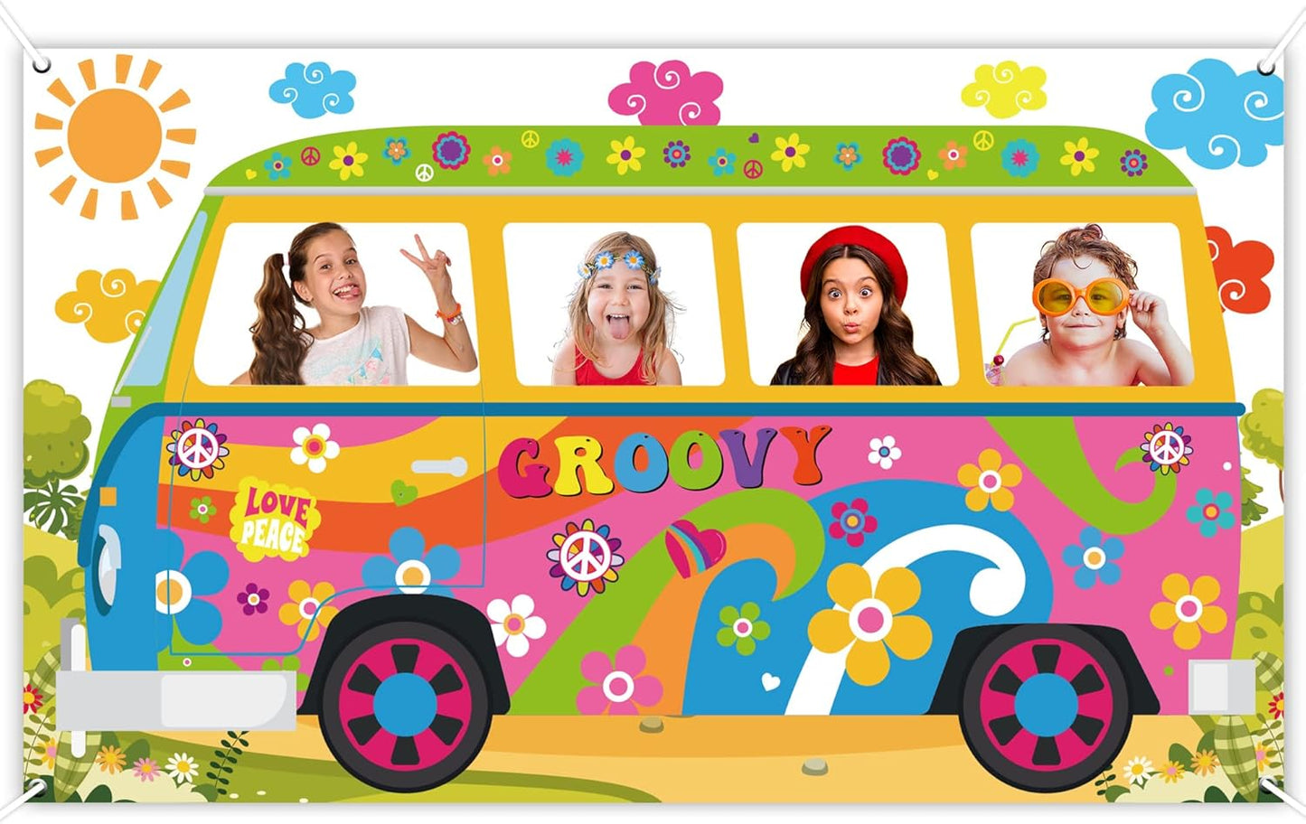 Hippie Bus Photo Prop Groovy Birthday Party Decorations Large Fabric Groovy Van Prop Hippie Selfie Frame Backdrop Background Banner Birthday Supplies Retro Daisy 60s 70s Party Favors 65.8 x 35.4 Inch