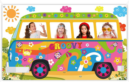 Hippie Bus Photo Prop Groovy Birthday Party Decorations Large Fabric Groovy Van Prop Hippie Selfie Frame Backdrop Background Banner Birthday Supplies Retro Daisy 60s 70s Party Favors 65.8 x 35.4 Inch