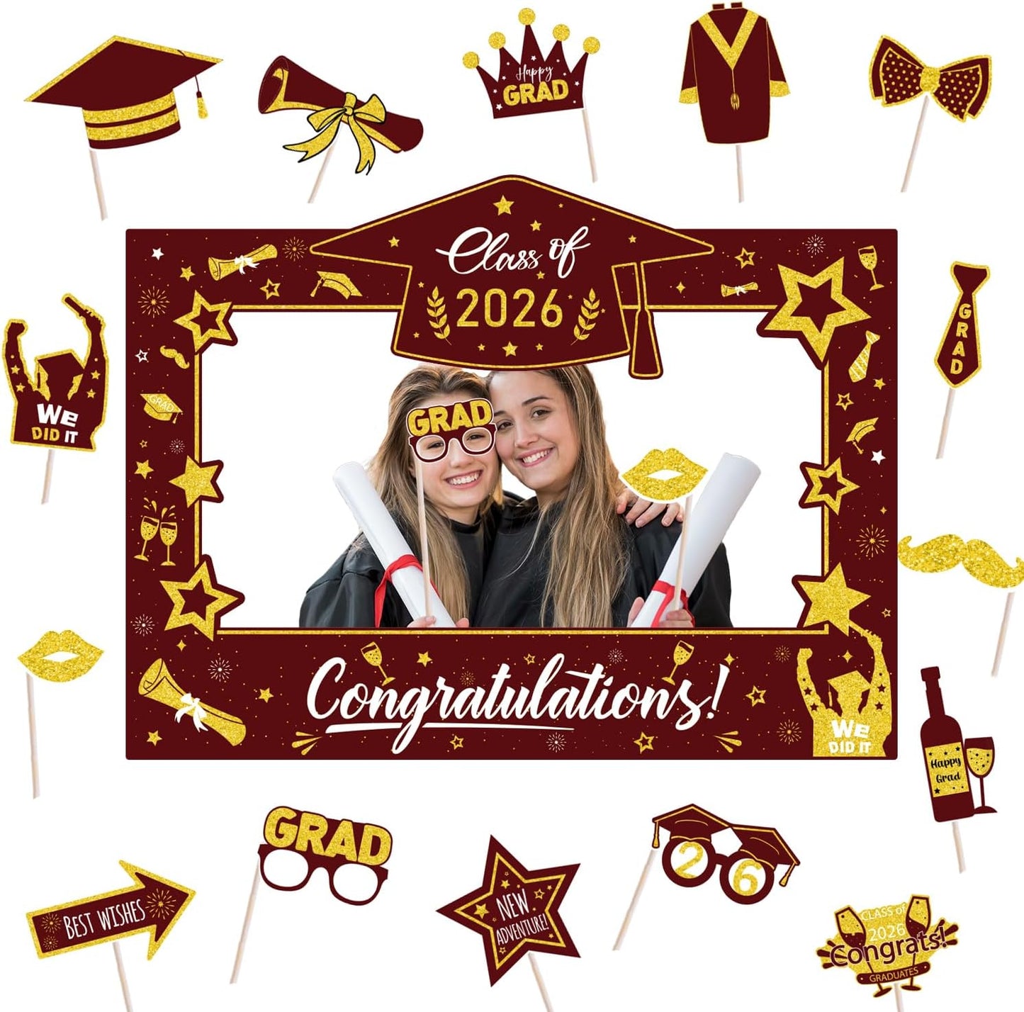 Graduation Decorations Class of 2026 Photo Booth Props - Blue and Gold 2026 Graduation Frame & Photo Props Congrats Grad Class of 2026 Decor for Graduation Party Supplies