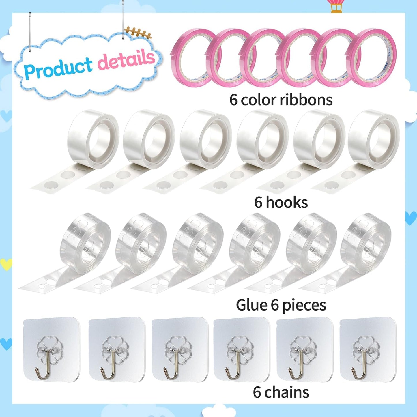 QIPUMP Balloon Arch Garland Kit,98.5ft Balloon Tape Strips&600 Glue Point Dot,Balloon Arch Strip Kit with 6pcs Hook and Ribbon(6) for Arch Kit Birthday Gender Reveal Party Wedding Decorations
