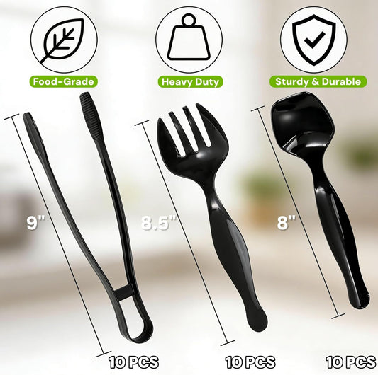 30 Pcs Plastic Serving Utensils, Disposable Black Serving Spoons Forks Tongs, 9'' Heavy Duty Party Utensil for Catering Buffets Dinner Weddings Salad Noodles Soup Daily Use