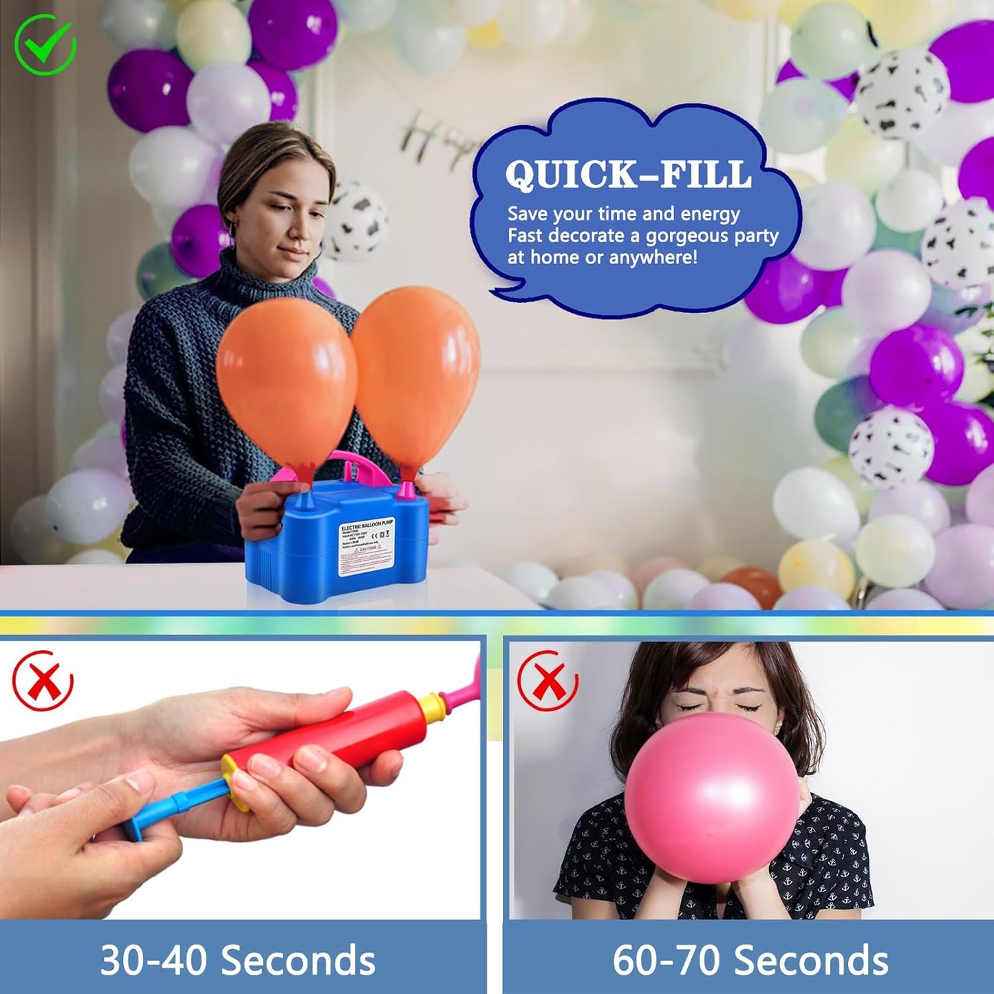 QIPUMP Balloon Pump Electric,110V 600W Balloon Blower Inflator Dual Nozzle Air Pump Balloons Inflator for Decoration, Party, Sport,Gifts:2 Balloon Tying Tools