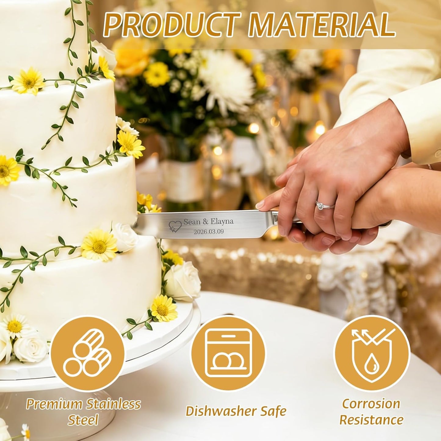 Custom Wedding Cake Cutting Set, Engraved Knife & Server with Names, Ideal Wedding Gift for Couples Bridal Showers Anniversaries (Silver)
