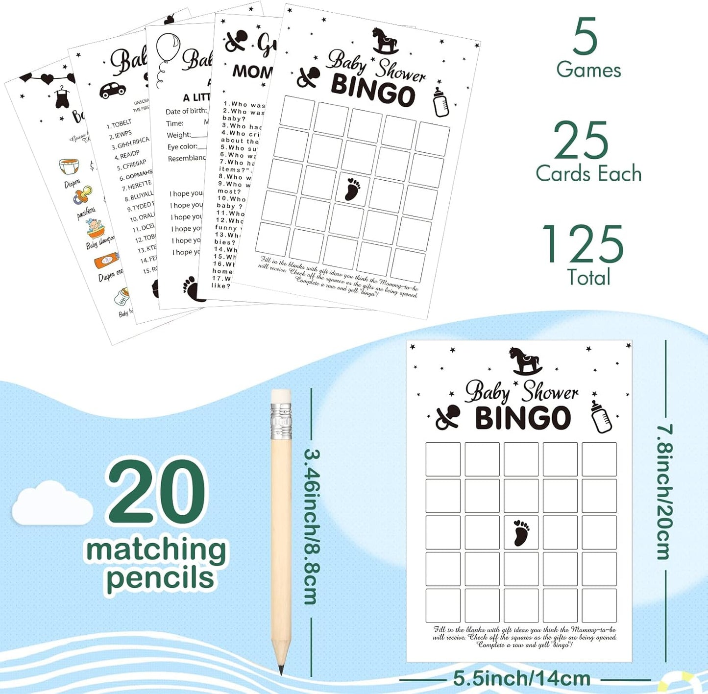 Yinder 145 Pcs Baby Shower Games Activities Cards with 20 Pencils Includes Baby Bingo Description and Wishes Guess Who Price is Right Word Scramble Game(Here Comes the Son)