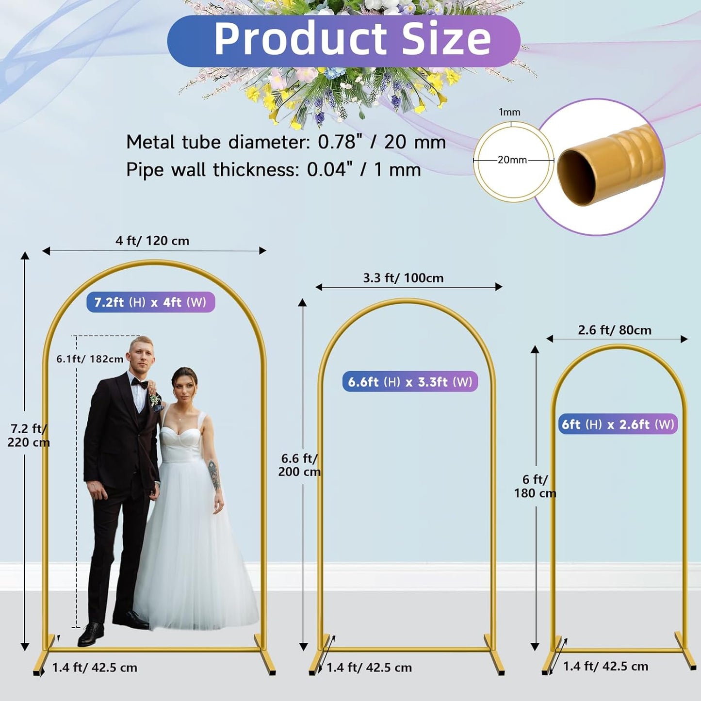 Hemmotop Metal Arch Backdrop Stand Set of 3, 6FT, 5FT, 4FT Party Arch Stands for Wedding, Birthday, Baby Shower, Bridal Shower - Balloon Arched Frame for Garden Decor, Gold Floral Arches, 3 Pieces