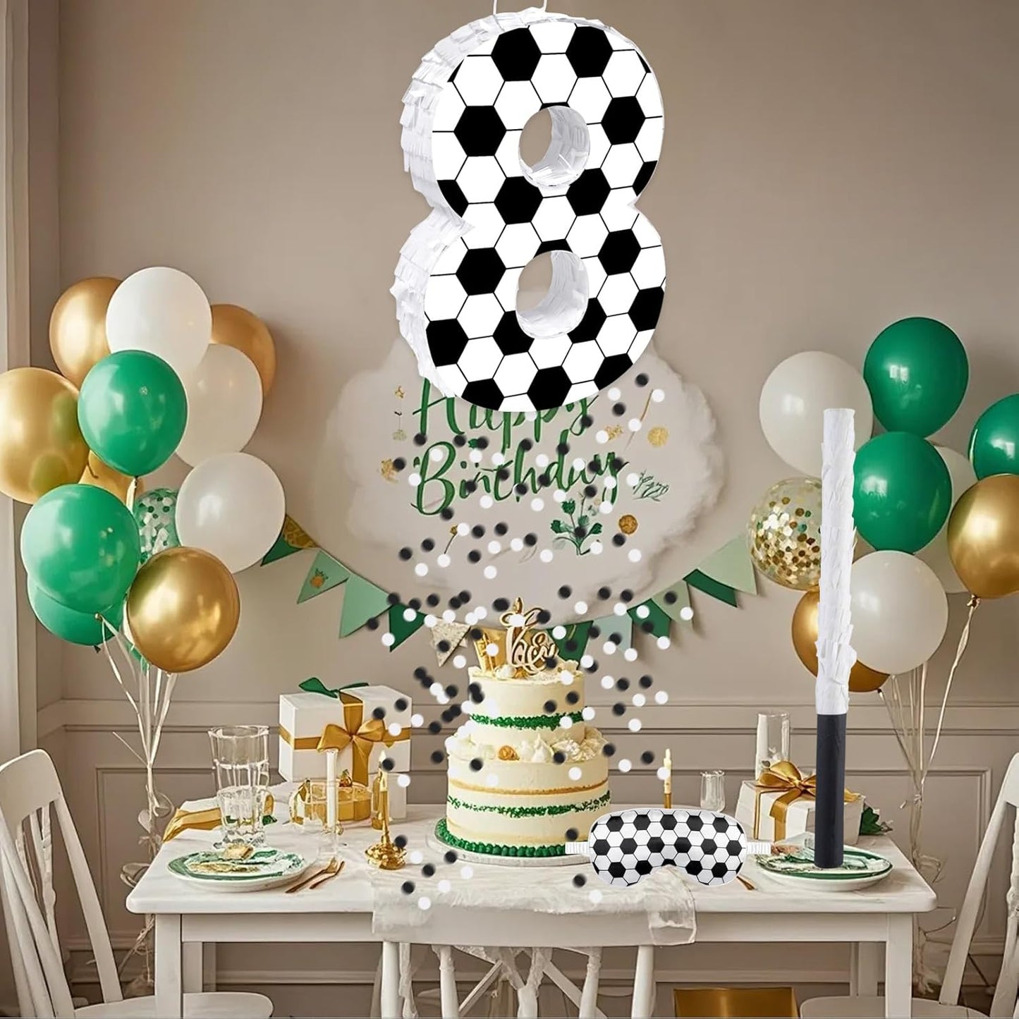 16Inch Soccer Ball Number 9 Piñata Includes Wooden Stick, Blindfold, and Confetti for for Kids 7th Anniversary Sport Themed Party Birthday Supplies