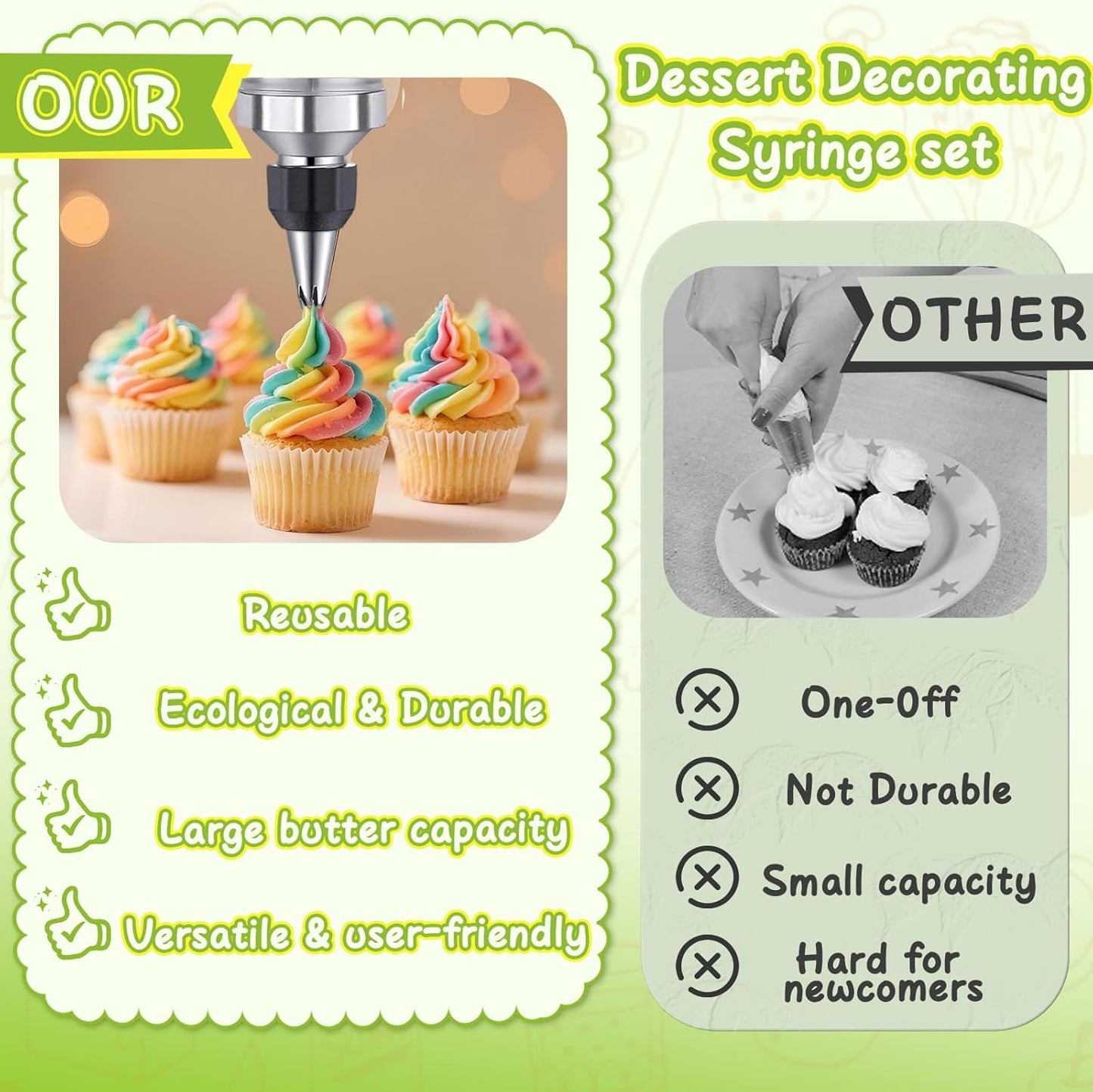 NOVANO Dessert Decorating Syringe Set, Frosting Piping Kit Stainless Steels Cake Decorating Kit with 54 Piping Tips & 9 silicone cupcakes, Cupcake Decorating Kit Piping Bags and Tips Set