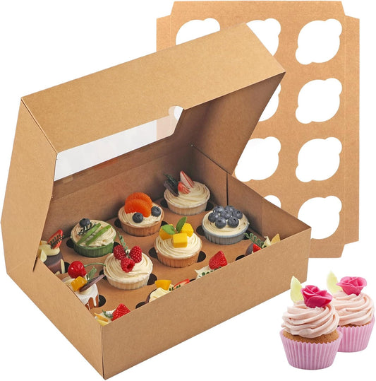 Svalor Cupcake Boxes, 6 Pack Disposable Cupcake Containers, Food Grade Cupcake Carrier 12 Count with Window and Inserts, Cupcake Transport Holders Bulk for Muffins Cookies Treats Dessert（White）