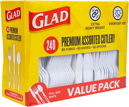 Glad Clear Disposable Cutlery Set with Heavy Duty Plastic Forks, Knives, and Spoons, Reusable Dishwasher Safe Plastic Utensils for Parties and Everyday Use, 240 Count