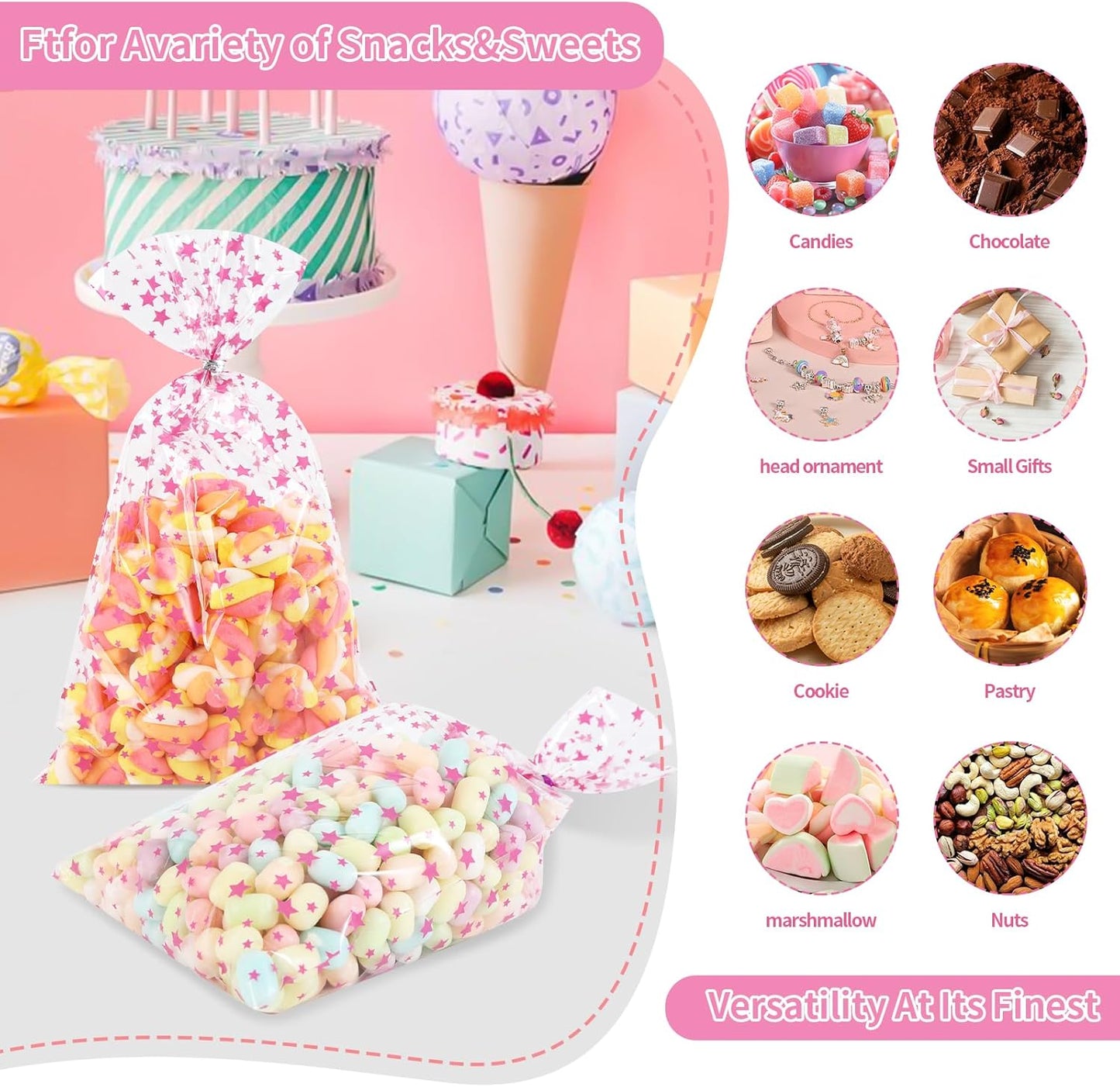 100 Pcs Star Printed 5"X 7" Gift Wrap Cello Cellophane Treat Bags Party Favor bags Clear Candy Cookie Bag Plastic Poly Goodie Storage Bag with Twist Ties for Bakery,Birthday, Wedding ,Party Decorations (Gold)