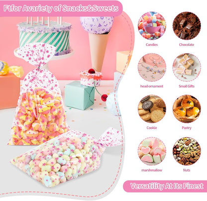 100 Pcs Star Printed 5"X 7" Gift Wrap Cello Cellophane Treat Bags Party Favor bags Clear Candy Cookie Bag Plastic Poly Goodie Storage Bag with Twist Ties for Bakery,Birthday, Wedding ,Party Decorations (Gold)