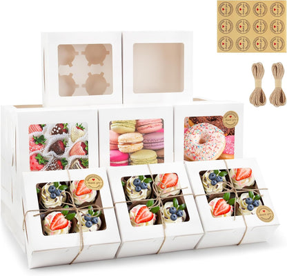 OAMCEG 50 PCS Cupcake Boxes with Window, 6x6x3 Inch Cookie Boxes, Bakery Treat Boxes for Pastry, Dessert, Chocolate Strawberries, Cupcake Containers, Gift Giving with Stickers & Twine （Brown）