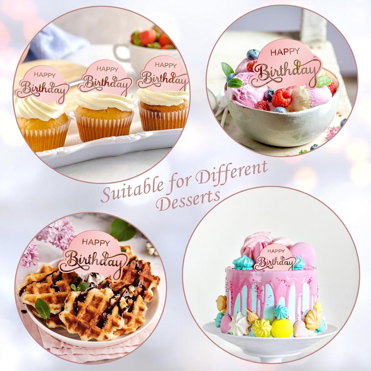 20pcs Gold Mirror Acrylic Happy Birthday Cupcake Toppers Round Engraved Cake Picks Happy Birthday Cake Toppers for DIY Birthday Gift Flower Bouquet Pastries Desserts Decor