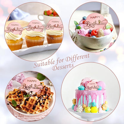 20pcs Gold Mirror Acrylic Happy Birthday Cupcake Toppers Round Engraved Cake Picks Happy Birthday Cake Toppers for DIY Birthday Gift Flower Bouquet Pastries Desserts Decor
